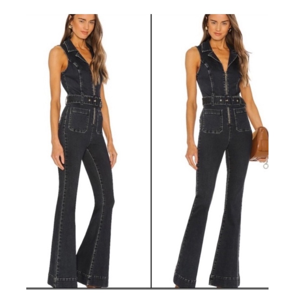 Show Me Your Mumu Womens Denim Jumpsuit Dark Wash Flare Leg Belted XL Sleeveless - Picture 2 of 9